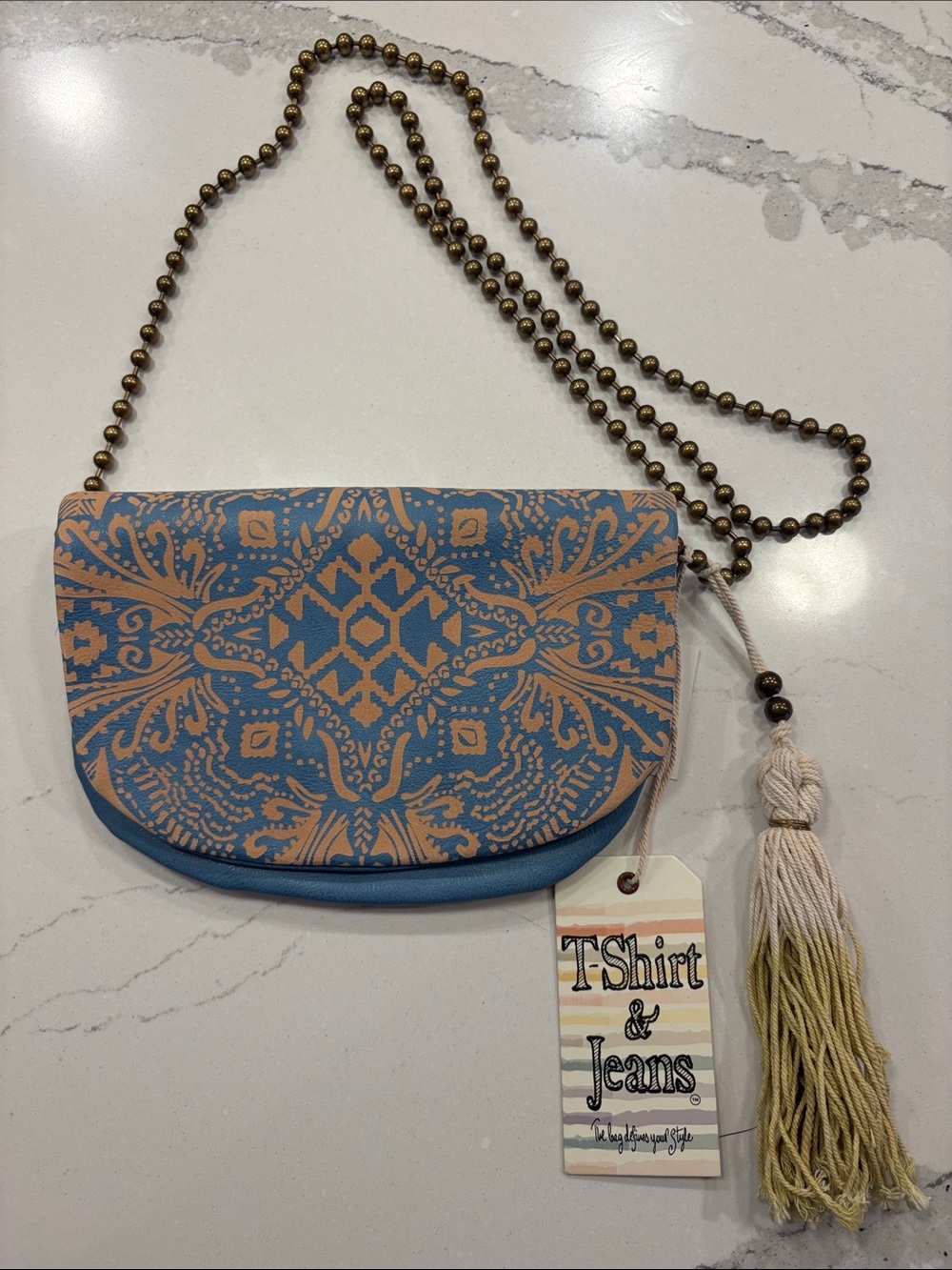 T-Shirt & Jeans Blue and Tan Patterned Crossbody with Beaded Strap and Tassel